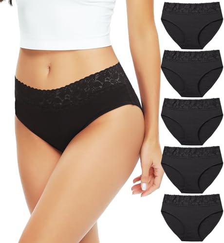 RHYFF Unterhosen Damen Baumwolle Unterwäsche Damen Hipster Spitze Höschen Bequem Bikini Hose Stretch Damen Slips 5er-Pack S-XL(RDE3020M-Black) von RHYFF