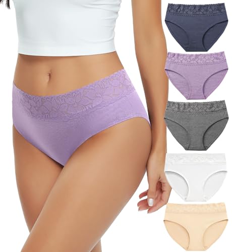 RHYFF Unterhosen Damen Baumwolle Unterwäsche Damen Hipster Spitze Höschen Bequem Bikini Hose Stretch Damen Slips 5er-Pack S-XL(RDE3020XL-Light) von RHYFF