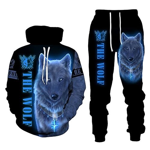 RIAAJ 3D Wolf Jogginganzug Herren Jogging Sportanzug Fitness Sporthose Hose Hoodie Herren Trainingsanzug Zweiteiliges Set Freizeitanzug mit Löwen Tigermuster Sportsw (A1,L) von RIAAJ