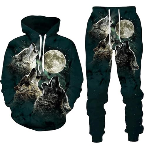 RIAAJ 3D Wolf Jogginganzug Herren Jogging Sportanzug Fitness Sporthose Hose Hoodie Herren Trainingsanzug Zweiteiliges Set Freizeitanzug mit Löwen Tigermuster Sportsw (F2,XL) von RIAAJ