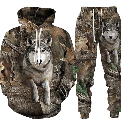 RIAAJ 3D wolf Jogginganzug Herren Jogging Sportanzug Fitness Sporthose Hose Hoodie Herren Trainingsanzug Zweiteiliges Set Freizeitanzug mit Kaninchen Vogel Hirschmuster Sportsw (A1,L) von RIAAJ