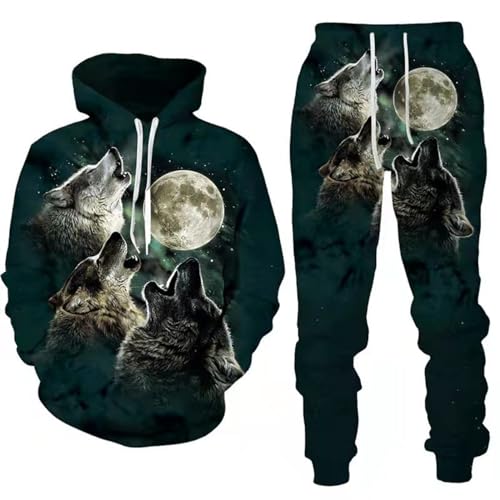 RIAAJ 3D wolf Jogginganzug Herren Jogging Sportanzug Fitness Sporthose Hose Hoodie Herren Trainingsanzug Zweiteiliges Set Freizeitanzug mit Löwen Tigermuster Sportsw (A1,M) von RIAAJ