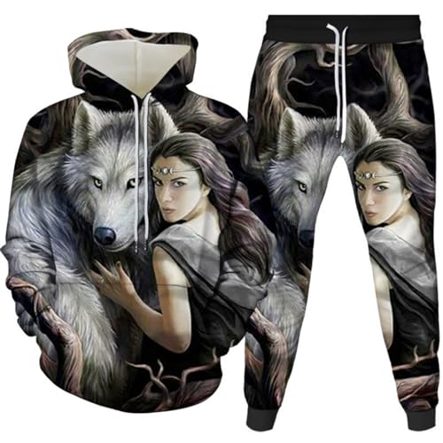 RIAAJ 3D wolf Jogginganzug Herren Jogging Sportanzug Fitness Sporthose Hose Hoodie Herren Trainingsanzug Zweiteiliges Set Freizeitanzug mit Löwen Tigermuster Sportsw (A12,XL) von RIAAJ