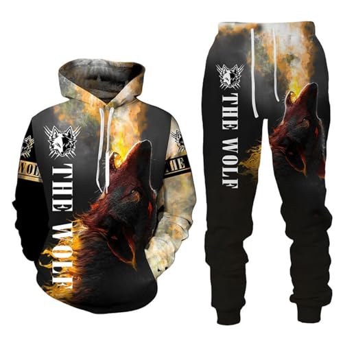 RIAAJ 3D wolf Jogginganzug Herren Jogging Sportanzug Fitness Sporthose Hose Hoodie Herren Trainingsanzug Zweiteiliges Set Freizeitanzug mit Löwen Tigermuster Sportsw (A8,4XL) von RIAAJ