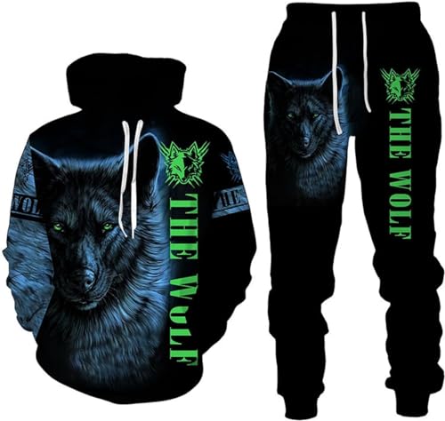 RIAAJ 3D wolf Jogginganzug Herren Jogging Sportanzug Fitness Sporthose Hose Hoodie Herren Trainingsanzug Zweiteiliges Set Freizeitanzug mit Löwen Tigermuster Sportsw (F5,5XL) von RIAAJ