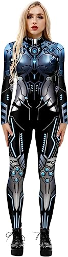 RIAAJ Halloween Kostüm Damen Roboter Overall 3D Print Langarm Roboter Catsuit Perfektes für Mottoparties,Halloween,Weihnachten,oder Karneval (A5,S) von RIAAJ