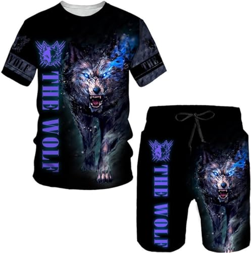 RIAAJ Herren wolf T-Shirt Short Hosen 3D Animal Herren T-Shirt Shorts Set Street Casual Trainingsanzug Sportanzug (A1,3XL) von RIAAJ