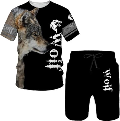 RIAAJ Herren wolf T-Shirt Short Hosen 3D Animal Herren T-Shirt Shorts Set Street Casual Trainingsanzug Sportanzug (A5,L) von RIAAJ