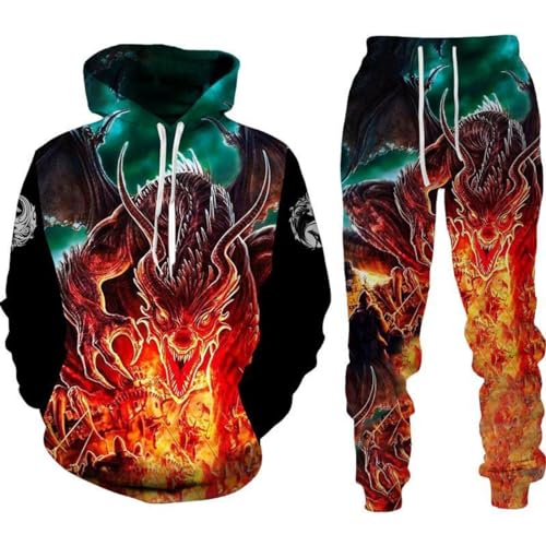 RIAAJ Männer Chinesischer Drache Hoodie 3D Gedruckt Lose Pullover Chinesischer Drache Sport Shirt Jogging Anzug Sport Set (F1,XL) von RIAAJ