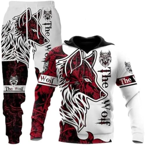 RIAAJ Unisex 3D Wolf Druck Hoodie Herren Jogginganzug Unisex Sweatshirts Hoody + Hose Sets (F1,L) von RIAAJ