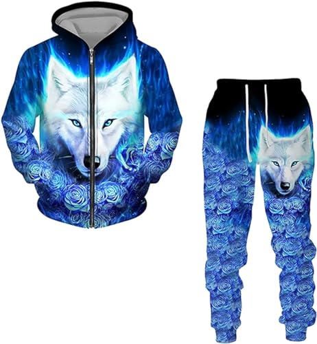 RIAAJ Wolf Herren Langarm Pullover Trainingsanzug 3D Hoodie und Sweatpants Set mit Zipper für Manner (A5,2XL) von RIAAJ