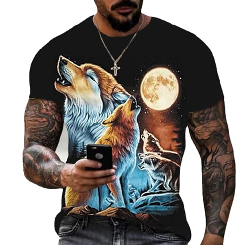 Wolf Herren Rundhals Punk Vintage T-Shirt Kurzarm Slim Fit Design Fashion Top Print Shirt (Wolf C,XXXL) von RIAAJ