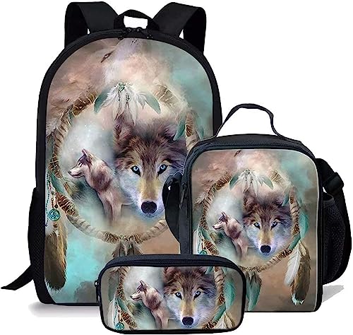 Wolf Schulranzen Set für Jungen Mädchen,3er Pack Schulrucksack Lässiger Tagesrucksack,Grundstufe Kinder Kinder Isolierte Brotdose,Bleistiftetui (A10,12.6inx5.5inx17in) von RIAAJ