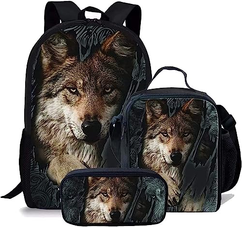 Wolf Schulranzen Set für Jungen Mädchen,3er Pack Schulrucksack Lässiger Tagesrucksack,Grundstufe Kinder Kinder Isolierte Brotdose,Bleistiftetui (A12,12.6inx5.5inx17in) von RIAAJ