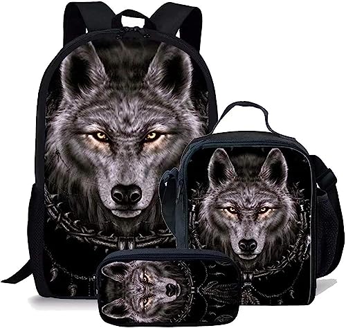 Wolf Schulranzen Set für Jungen Mädchen,3er Pack Schulrucksack Lässiger Tagesrucksack,Grundstufe Kinder Kinder Isolierte Brotdose,Bleistiftetui (A8,12.6inx5.5inx17in) von RIAAJ