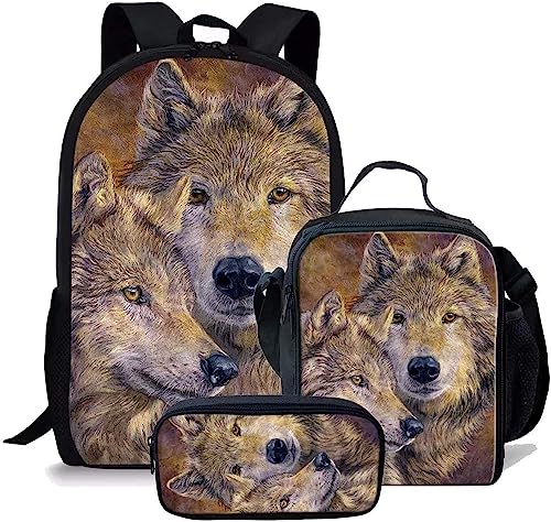 Wolf Schulranzen Set für Jungen Mädchen,3er Pack Schulrucksack Lässiger Tagesrucksack,Grundstufe Kinder Kinder Isolierte Brotdose,Bleistiftetui (A9,12.6inx5.5inx17in) von RIAAJ