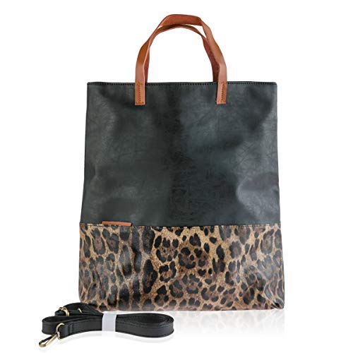 Vielseitige Tragetasche aus veganem Kunstleder – Kunstleder, abnehmbarer Schulterriemen, Leopardenmuster, Schlangenmuster, Shopper, Verstellbarer Shopper – Colorblock Leopard/Schwarz, Einheitsgröße von RIAH FASHION