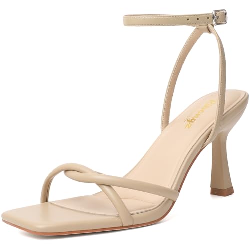 RIBONGZ Damen-Sandalen mit Absatz, quadratisch, offener Zehenbereich, Kätzchen-Riemchensandalen mit Knöchelriemen, elegant, Sommer, Hochzeit, Party, Abend, Abschlussball, tägliches Tragen von RIBONGZ