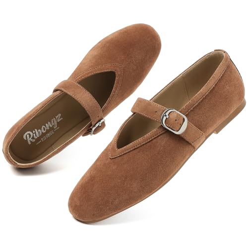 RIBONGZ Flache Ballerinas für Damen, faltbar, Mary Jane, runde Zehenpartie, Anzugschuhe mit Knöchelriemen, Schnalle, bequemer Slipper, Leder, flache Ballerina-Schuhe für Büro, Arbeit, Party von RIBONGZ