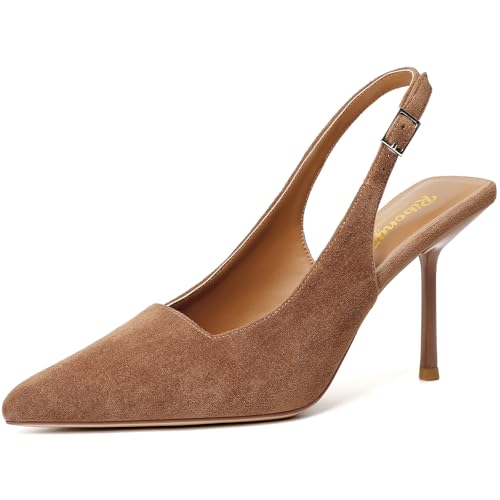 RIBONGZ Sexy Slingback-Pumps für Damen, elegante Absätze für Damen, geschlossene Zehen, spitz, High Heels, Hochzeit, Braut, Abschlussball, Party, Abendschuhe, Braungrau - Taupe Suede, 37 EU von RIBONGZ