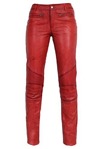 RICANO Donna - Damen Lederhose in Biker-Optik (Slim Fit/Regular Waist) – echtes (Premium) Ziegen Leder (Rot, XL) von RICANO