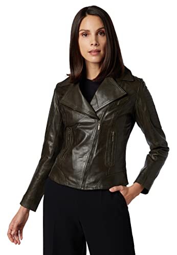 RICANO Nora, Damen Lederjacke (Slim Fit) Biker Stil, Lamm Nappa Echtleder in schwarz, braun, Olive, Cognac (Olive, S (36)) von RICANO