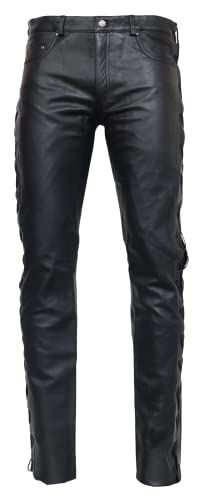 S/L Cow Waxy, Herren Lederhose mit Schnüren (Slim Fit) aus echtem gewachstem Rind Leder in schwarz oder braun (Schwarz, 36 Inch) von RICANO