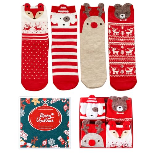 RICEEL Kuschelsocken Weihnachtenfür Damen und Herren,4 Paare Unisex Winter Socken Baumwollsocken Festliche Socken Lustige Geschenke Für die Familie von RICEEL