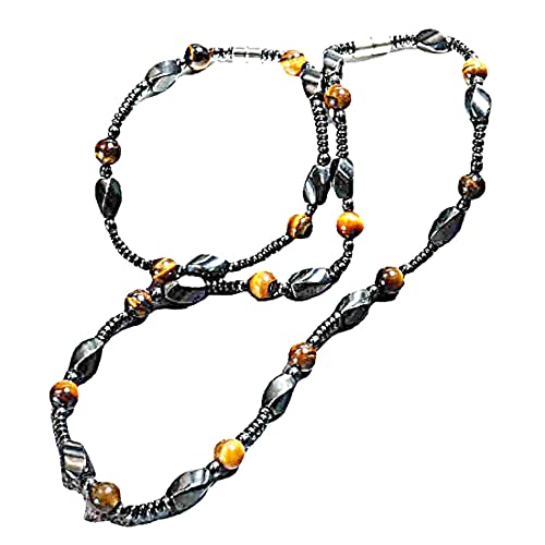 Magnetisches Hämatit und Tigerauge Perlenhalskette Armband für Herren – Mala Neckless – Schmuck-Set (M) von RICHRAIN