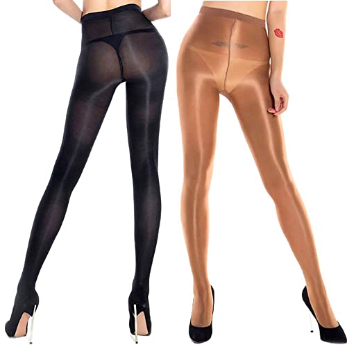 RICHTOER 2 Pairs Shaping Socks Oil Socks Shiny Silk Stockings Pantyhose Dance Tights (Champagne and Black) von RICHTOER