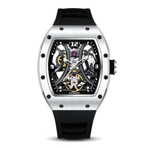 RICHURUS Tonneau Automatikuhr, Skelett-Uhr, Sport-Stil, Silikonband, 42 x 55 mm, silber, Sportlich von RICHURUS