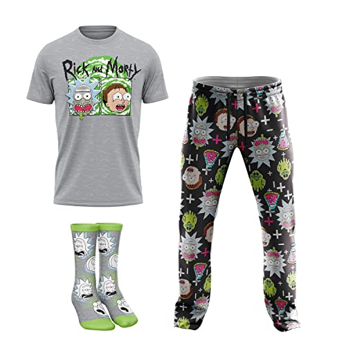 3-teiliges Lounge-Set in Box mit T-Shirt, Hose und Socken mit mehreren Druckoptionen in den Größen S-M-L-XL, 3-teiliges Set, Grau, L, 3-teiliges Set, grau, L von RICK AND MORTY