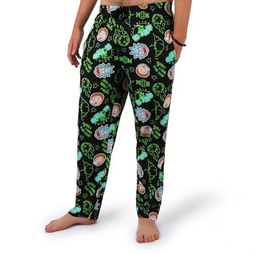 RICK AND MORTY Loungehose für Herren – Pyjamahose aus 100 % Baumwolle mit Taschen – lustige Schlafhose mit Allover-Charakter-Print – Offiziell lizenzierte Schwimm-Loungewear für Erwachsene, Schwarz von RICK AND MORTY