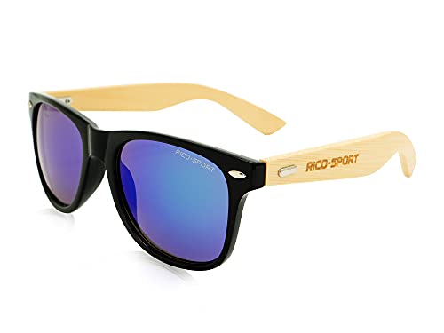 RICO-SPORT Sonnenbrille Set Unisex | UV400 verspiegelt mit Etui, Mikrofaser Beutel, Tuch und nachhaltigen Bambus Bügeln | Schwarz/Regenbogen von RICO-SPORT