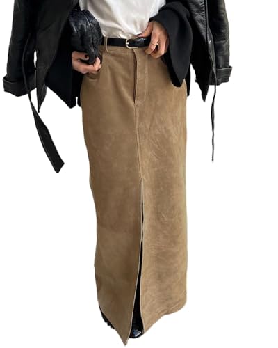 Damen Wildleder Langer Rock High Waisted Wildleder Langer Bleistiftrock Braun von RICOCHO