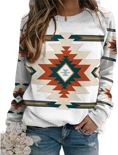 RICOCHO Aztekisches Western-Sweatshirt mit ethnischem Aufdruck, Damen-Sweatshirt mit Rundhalsausschnitt, Stammes-Azteken-Pullover, Bluse, Cowgirl, geometrische Tops von RICOCHO