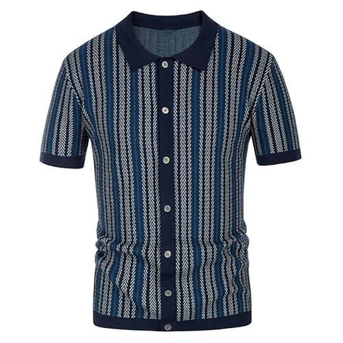 RICOCHO Bequemes, gestreiftes, kurzärmliges Polo-Golfhemd mit Knopfleiste für Herren, 70er-Jahre-Vintage-Streifen-Polo-Strickhemden, Grün, Braun, M-3XL von RICOCHO