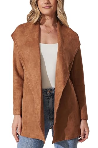 RICOCHO Damen-Jacken aus Wildlederimitat mit offener Vorderseite, Freizeitmäntel aus Wildlederimitat, modischer Wildledermantel, Wasserfall-Outwear von RICOCHO