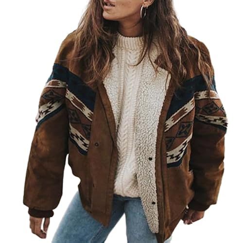 RICOCHO Damen-Mantel mit Azteken-Fleece-Futter, Damen-Westernjacke mit Sherpa-Futter, Retro-Tribal-Fuzzy-Jacken von RICOCHO
