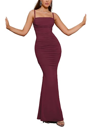 RICOCHO Damen-Maxikleid aus Satin mit Spaghettiträgern, rückenfreies, langes Cocktailkleid mit quadratischem Ausschnitt für die Abendparty von RICOCHO