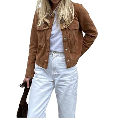 RICOCHO Damen Wildleder Cropped Jacken Vintage Wildleder Button Up Outwear Braun Faux Wildleder Casual Jacken von RICOCHO