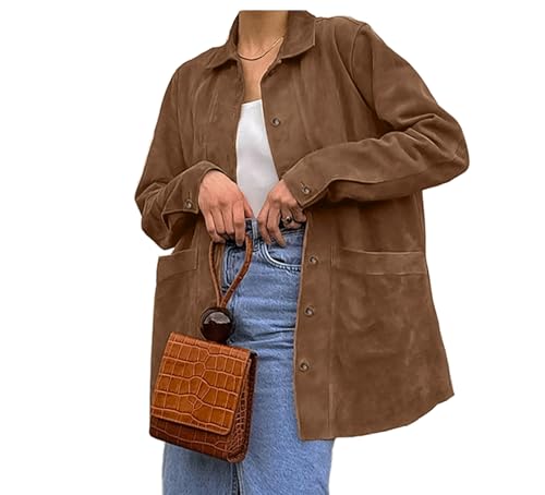 RICOCHO Damen Wildleder Oversized Jacken Damen Braun Faux Wildleder Button Down Biker Moto Mantel mit Taschen von RICOCHO