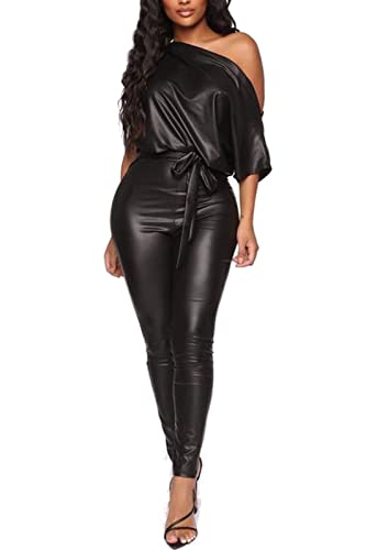 RICOCHO Sexy Kunstleder-Strampler für Damen mit Gürtel, schwarzbrauner Wet-Look-Lederoverall für Damen von RICOCHO