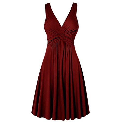 RIDENG Kleider Sommer Casual Slim Damen Retro Flare Rock Plissee Größe Sling V-Ausschnitt Kleid Plus Damen Kleid Kleider Knielang für Frauen, rot, 48 von RIDENG