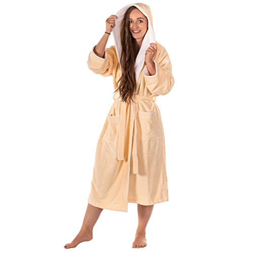 RIEMTEX Bademantel mit Kapuze für Damen und Herren Velour Baumwolle Bamboo Mikrofaser Frottee Morgenmantel (3XL, Creme) von RIEMTEX