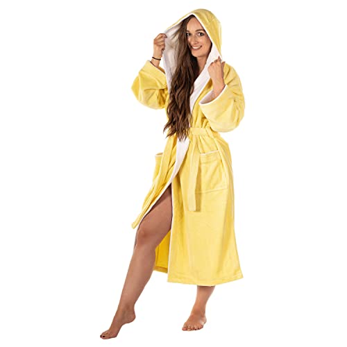RIEMTEX Bademantel mit Kapuze für Damen und Herren Velour Baumwolle Bamboo Mikrofaser Frottee Morgenmantel (XXL, Gelb) von RIEMTEX