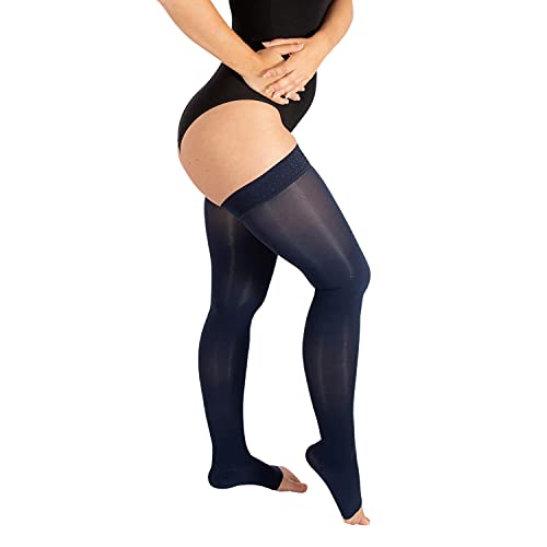 RIEMTEX PREMIUM Kompressionsstrümpfe Klasse 2 CCL2 23-32 mmHg mit offener Spitze Schenkelstrümpfe Damen Herren (Größe 3, Navy) von RIEMTEX