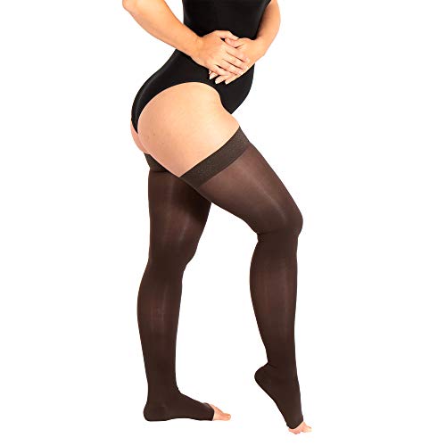 RIEMTEX PREMIUM Kompressionsstrümpfe Klasse 2 CCL2 23-32 mmHg mit offener Spitze Schenkelstrümpfe Damen Herren (Größe 4, Braun) von RIEMTEX