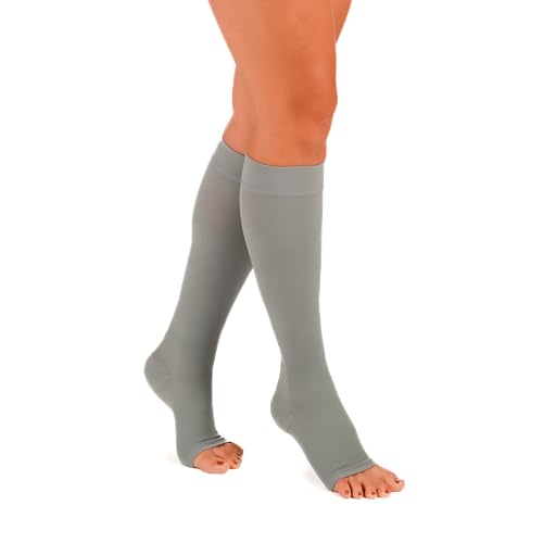 RIEMTEX med. Kompressionsstrümpfe Klasse 2 CCL2 23-32 mmHg Wadenstrümpfe Offene Spitze für Damen PREMIUM Serie 3211 (Größe 3, Smokey Grey) von RIEMTEX