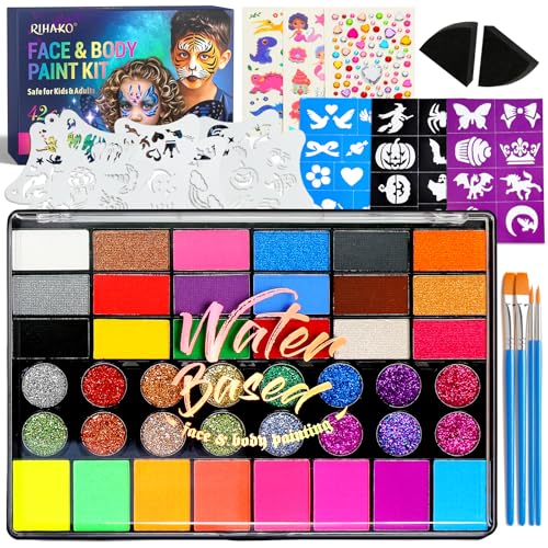Schminkset, Gesichtsbemalungsset für Kinder, 42 Farben, professionelles Gesichtsbemalungsset, Körperbemalungsset mit Schablonen, Pinsel, Edelsteinen, für Karneval, Halloween, Kostüm-Make-up, Kindertag Schminkset, Gesichtsbemalungsset für Kinder, 42 Farben, professionelles Gesichtsbemalungsset, Körperbemalungsset mit Schablonen, Pinsel, Edelsteinen, für Karneval, Halloween, Kostüm-Make-up, Kindertag von RIHAKO